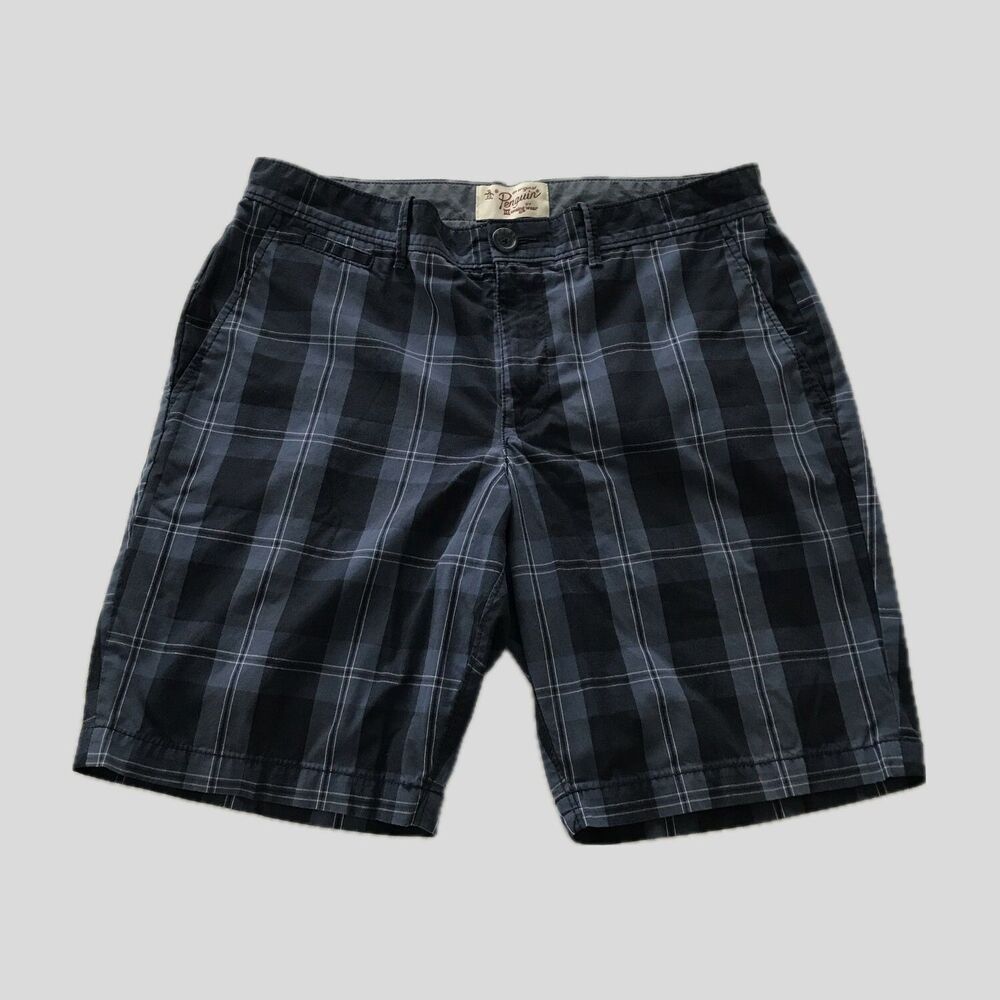 Original Penguin Navy Blue Plaid Cotton Summer Preppy Bermuda Shorts Mens 33
